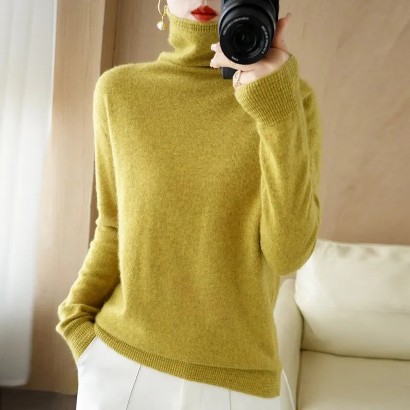 Wool Blend Pile Collar Cashmere Sweater for Women Wool Blend  Knitted Tops Pullover