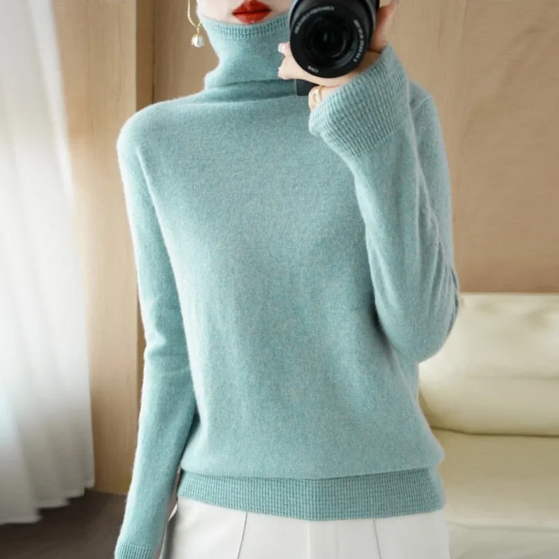 Wool Blend Pile Collar Cashmere Sweater for Women Wool Blend  Knitted Tops Pullover