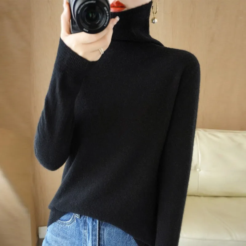 Wool Blend Pile Collar Cashmere Sweater for Women Wool Blend  Knitted Tops Pullover