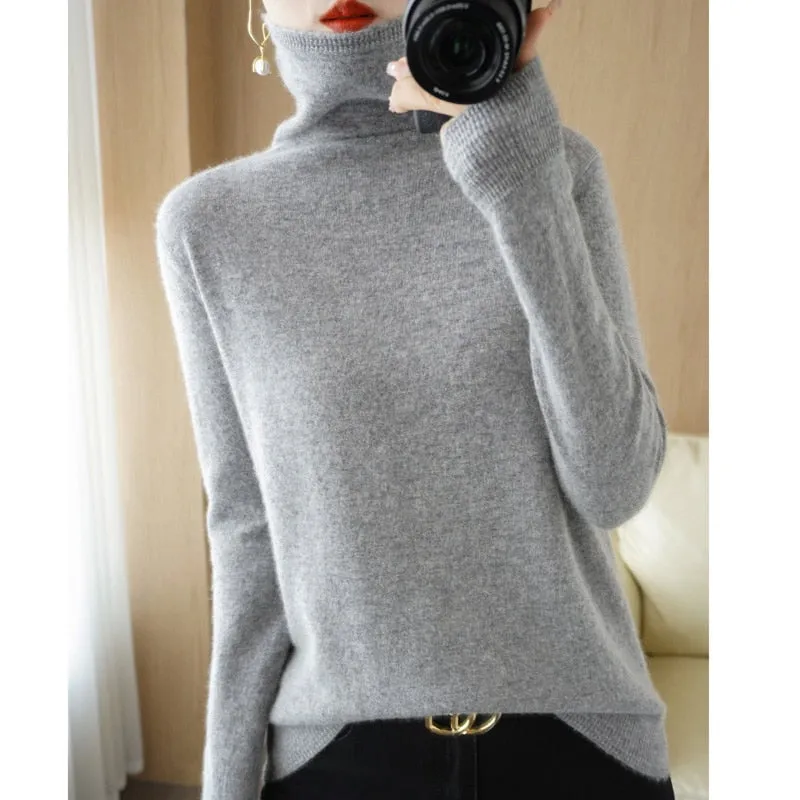 Wool Blend Pile Collar Cashmere Sweater for Women Wool Blend  Knitted Tops Pullover