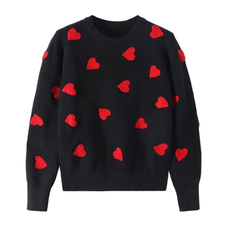 Y2K Heart Print Knit Sweater with Crew Neck and Ribbed Trim