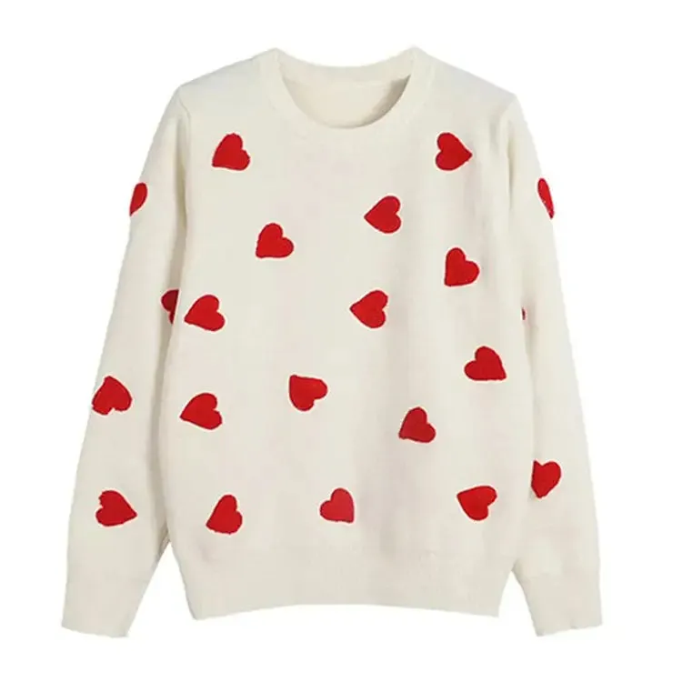 Y2K Heart Print Knit Sweater with Crew Neck and Ribbed Trim