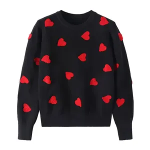 Y2K Heart Print Knit Sweater with Crew Neck and Ribbed Trim