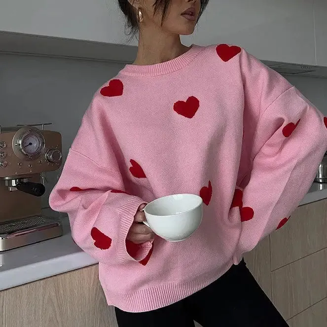 Y2K Heart Print Knit Sweater with Crew Neck and Ribbed Trim