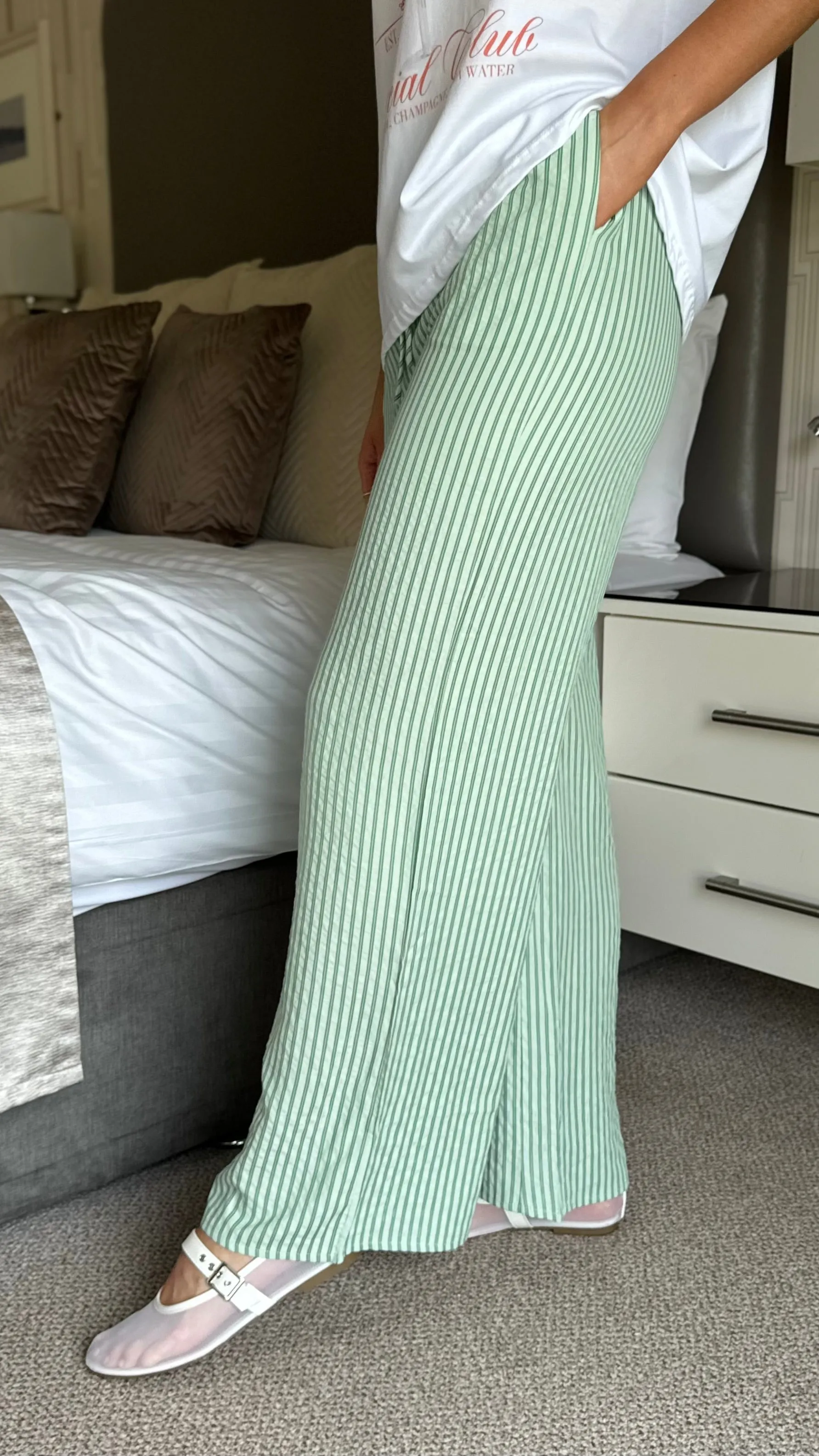 Ziva Green Stripe Detail Wide Leg Trousers